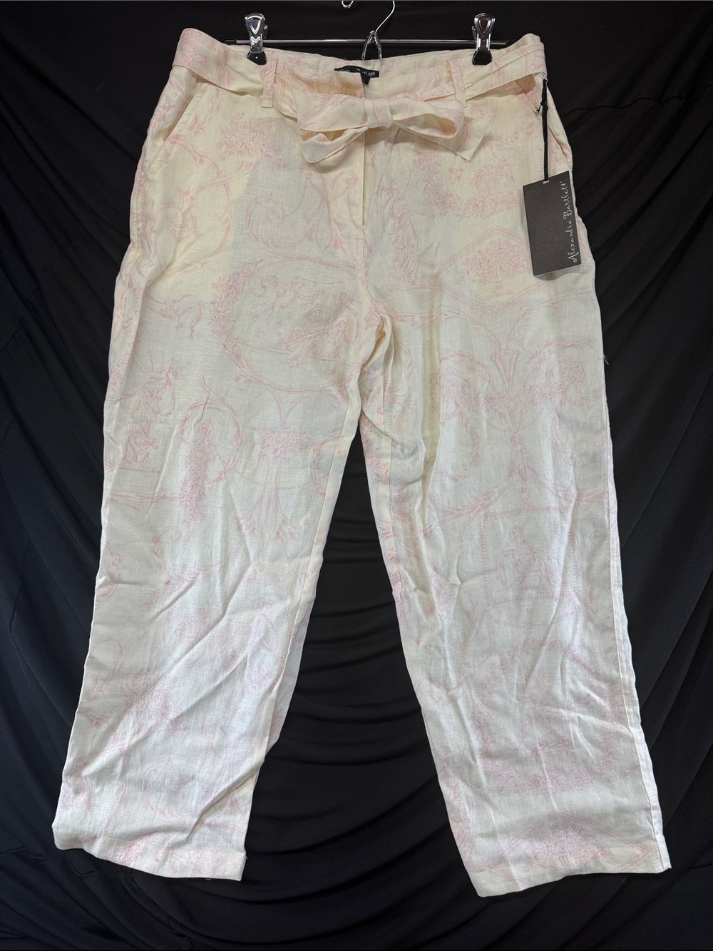 Alexandra Bartlett Cream Linen Pants with Pale Pink Whimsical Print, 23” inseam